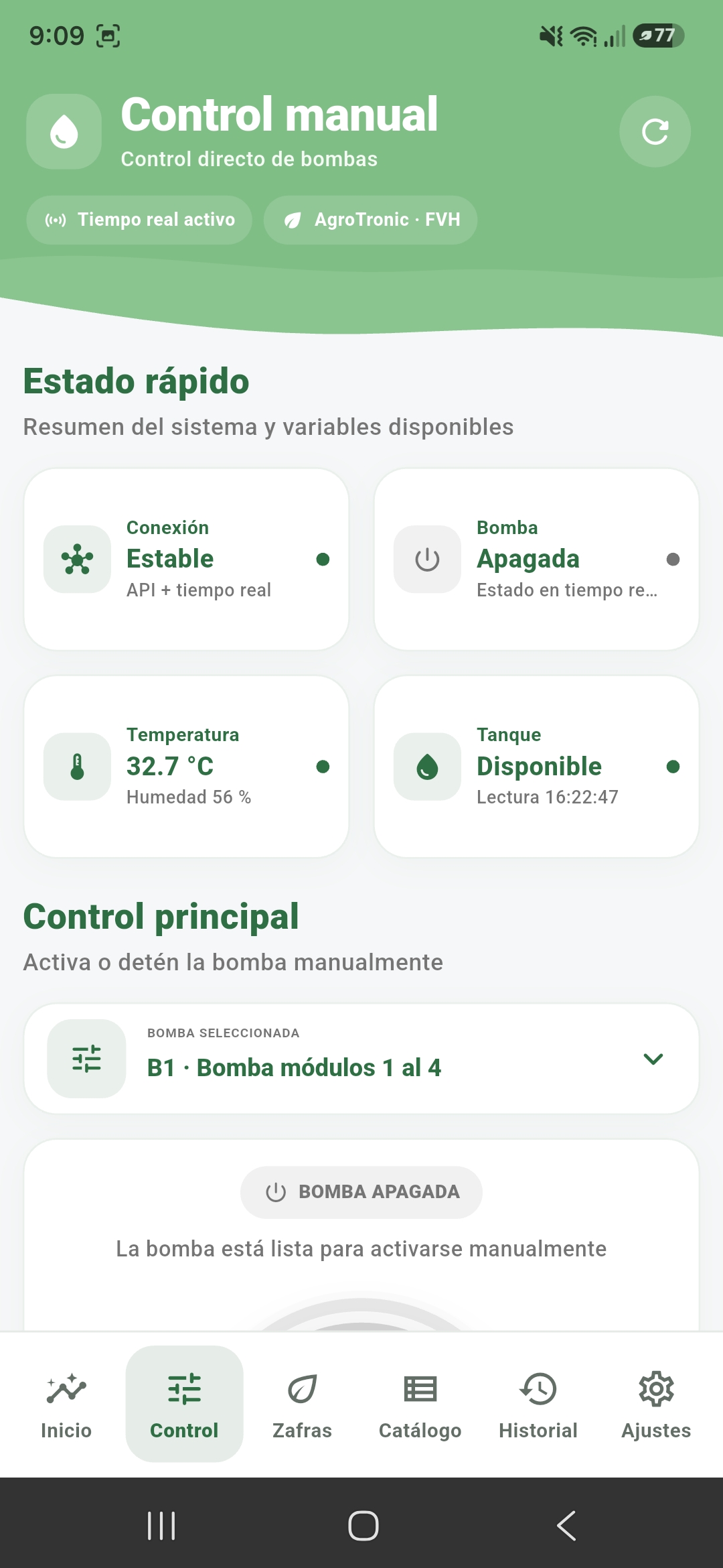 Pantalla de control manual de la bomba del sistema FVH