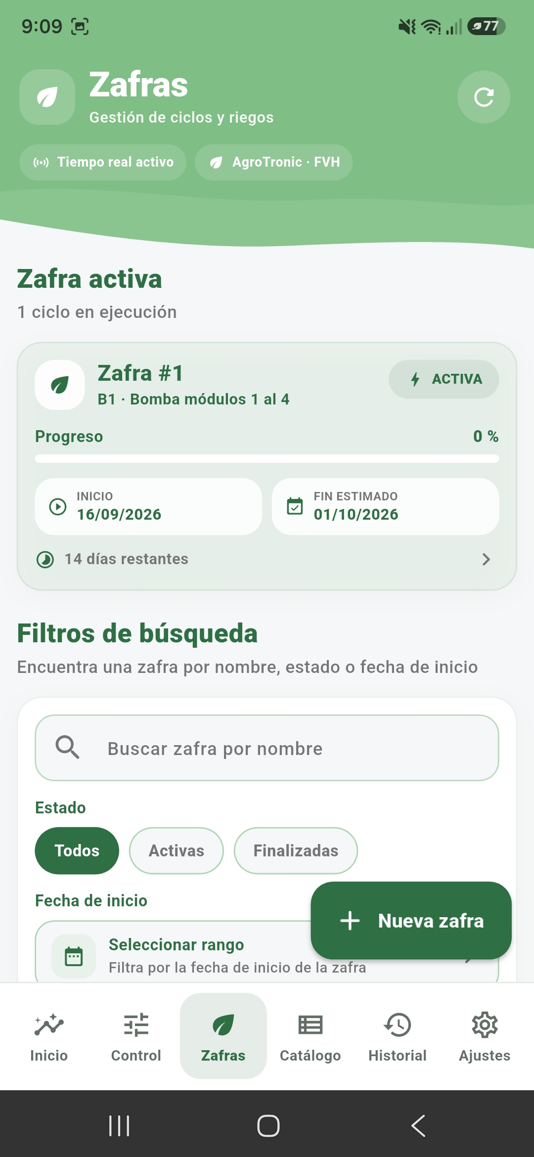 Pantalla de gestión y seguimiento de zafras del sistema FVH